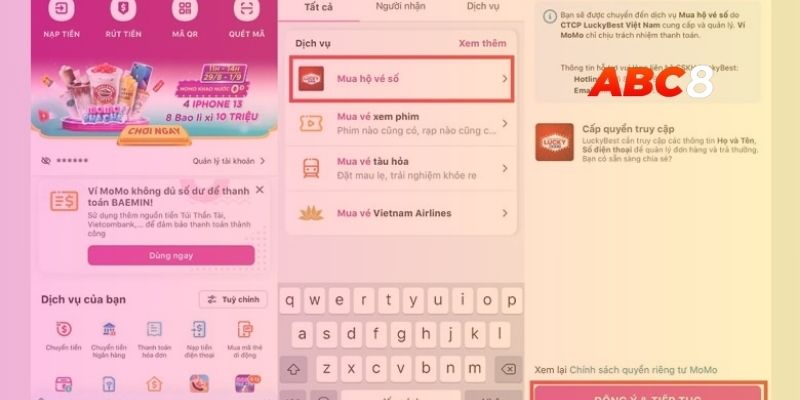 Thao tác mua xổ số điện toán trực tuyến bằng ví Momo (minh hoạ)